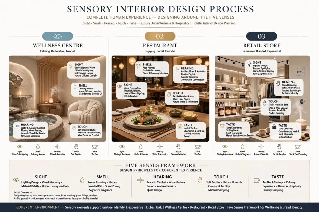 Luxury sensory interior with ambient lighting and natural materials