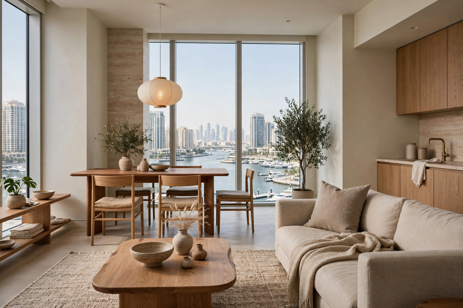 modern Japandi living room in Dubai Marina apartment