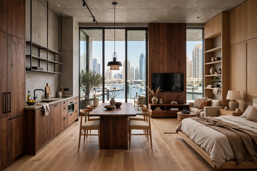 Japandi living room with natural materials and soft lighting