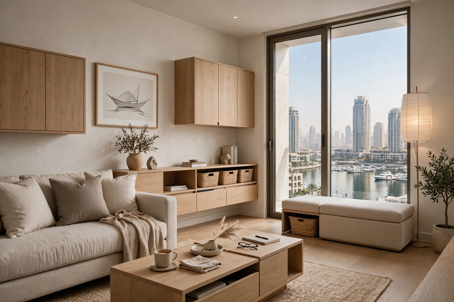 minimalist luxury apartment interior in Dubai Marina