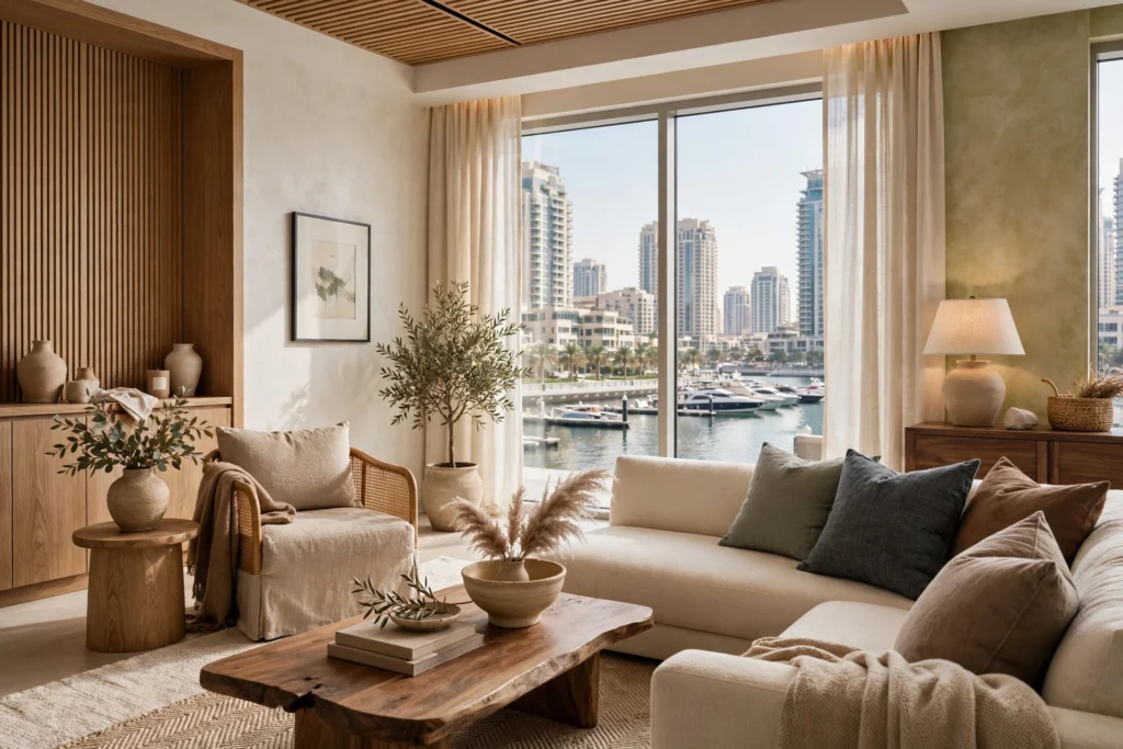 modern Dubai Marina apartment with Japandi furniture