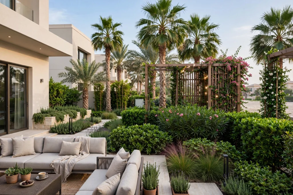 outdoor dining area with pergola in Dubai villa