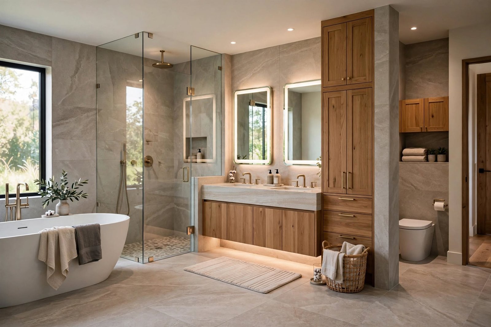Luxury bathroom with marble surfaces, elegant vanity, freestanding bathtub and ambient lighting
