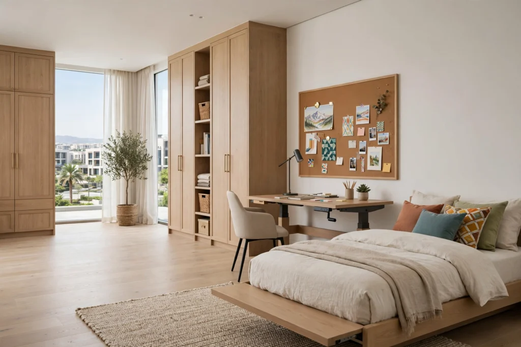 children's bedroom with bookshelf and study desk