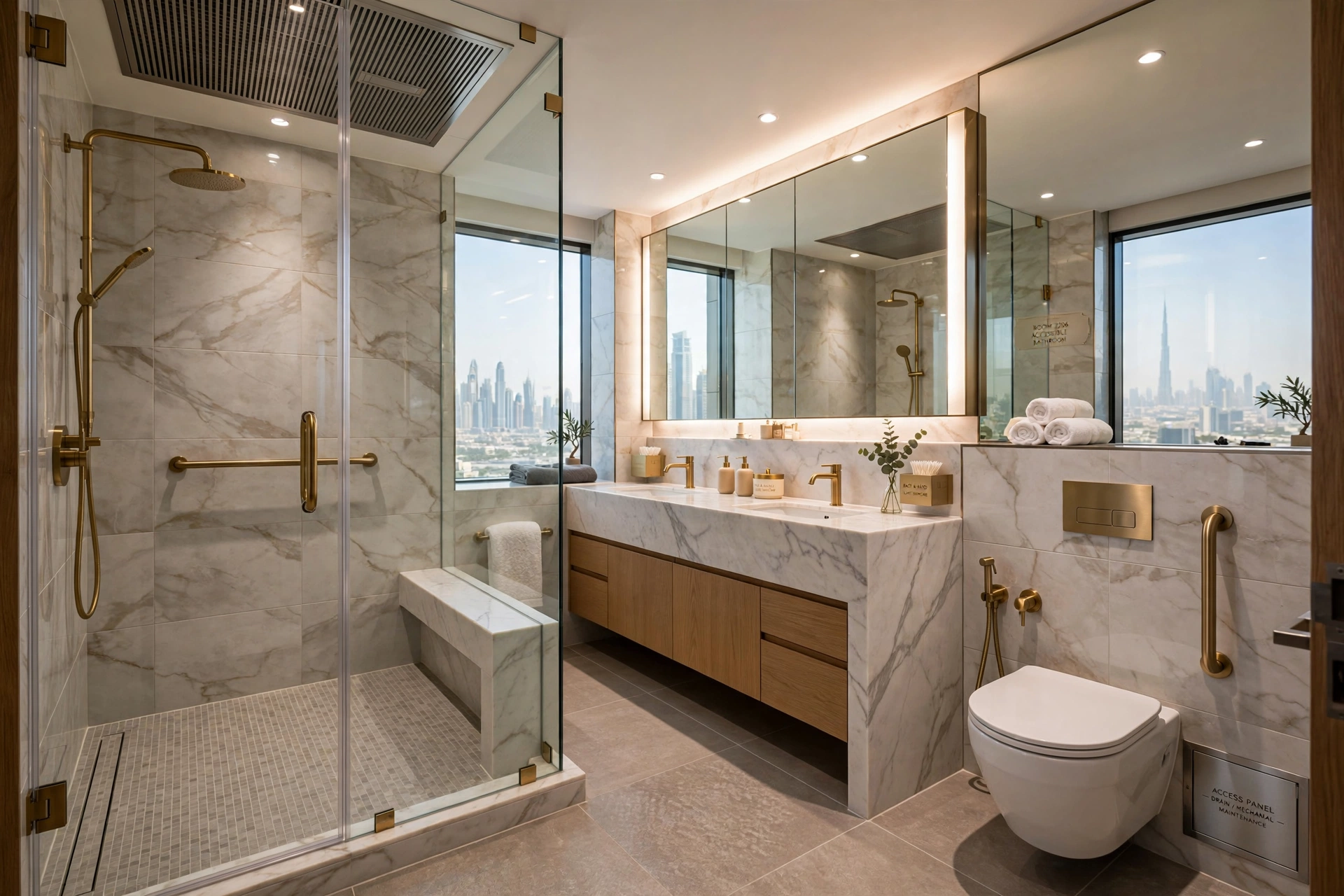 Modern luxury hotel guest room with comfortable furniture and ambient lighting
