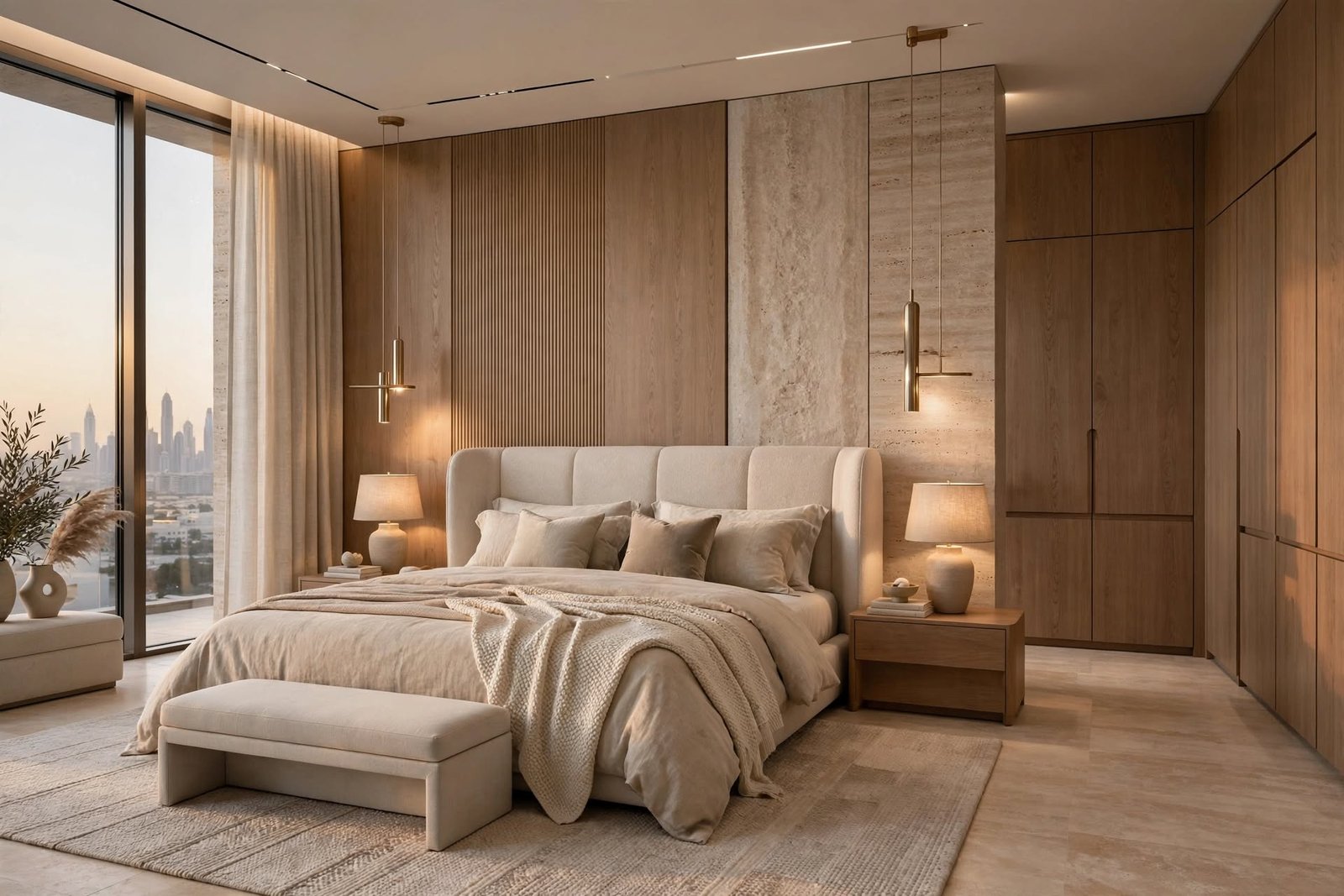 Spacious master bedroom with custom headboard, bedside tables and elegant architectural lighting