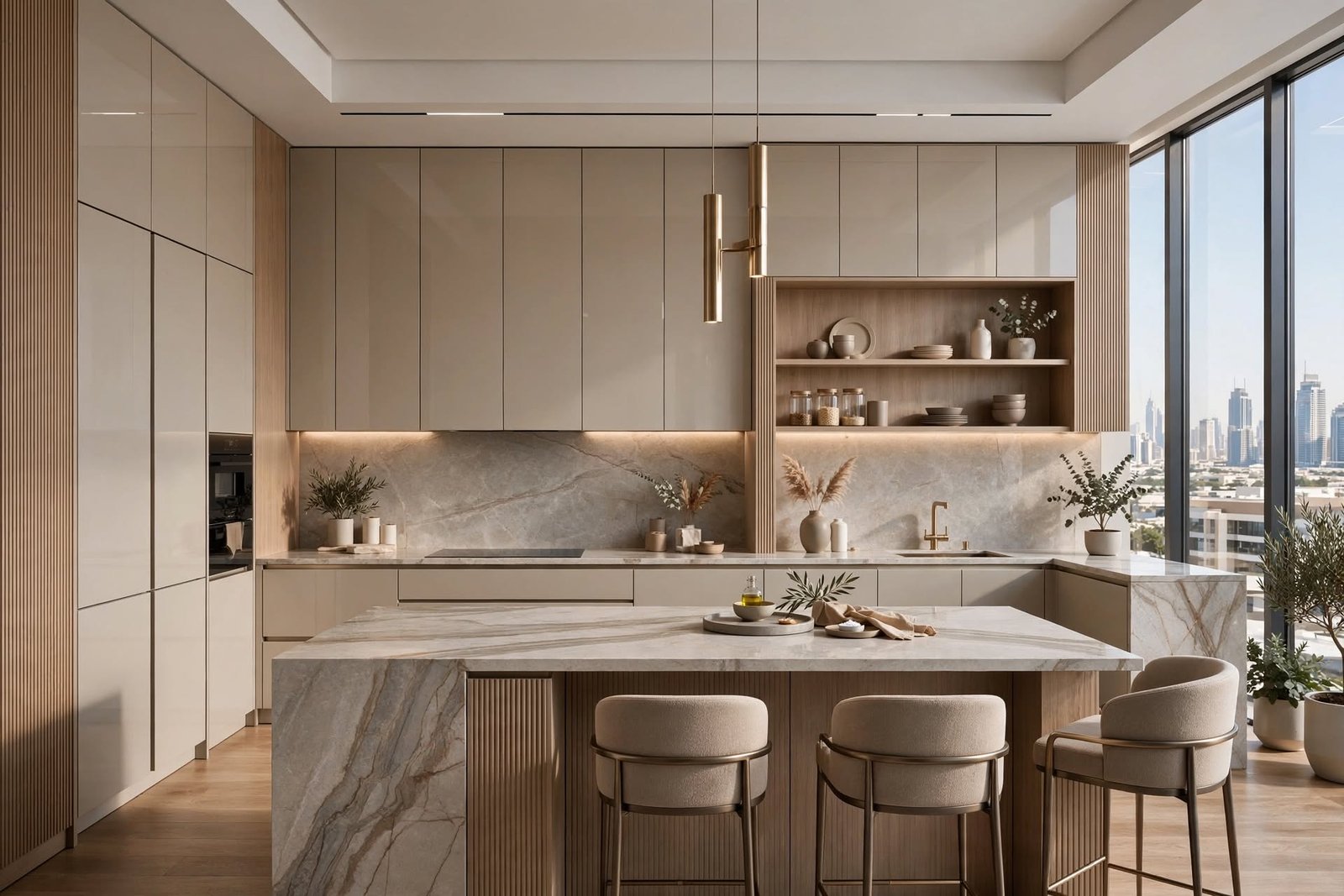 Luxury Dubai kitchen featuring premium stone countertops, custom cabinetry and sophisticated lighting
