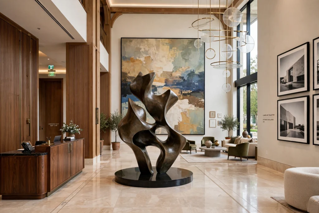 custom marble reception counter in luxury lobby