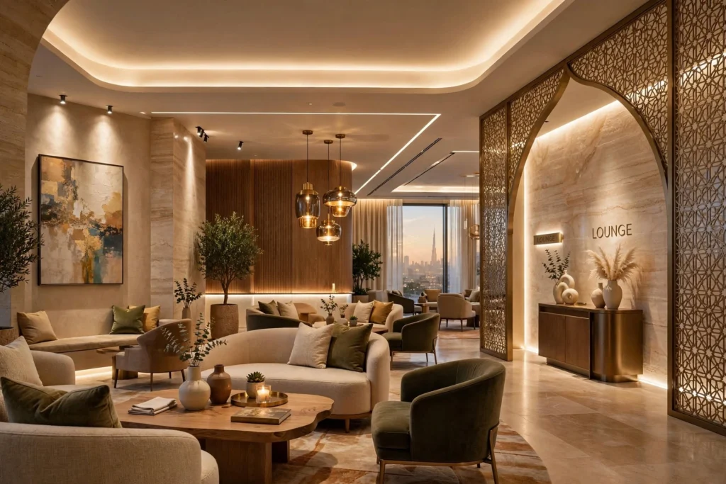 Spa interior with calming lighting natural textures and aroma