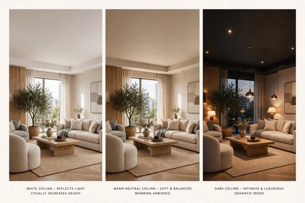 Living room false ceiling with cove lighting and spotlights