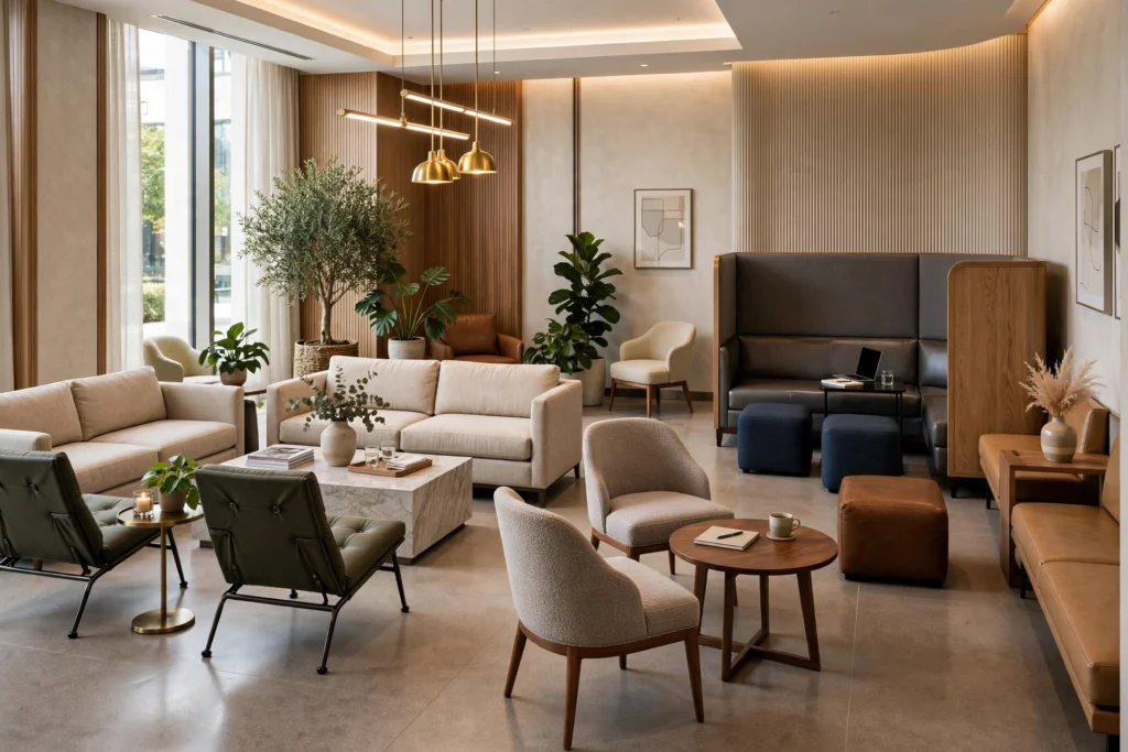 elegant hotel reception area with custom furniture