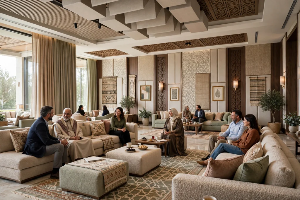 contemporary majlis seating with neutral colors