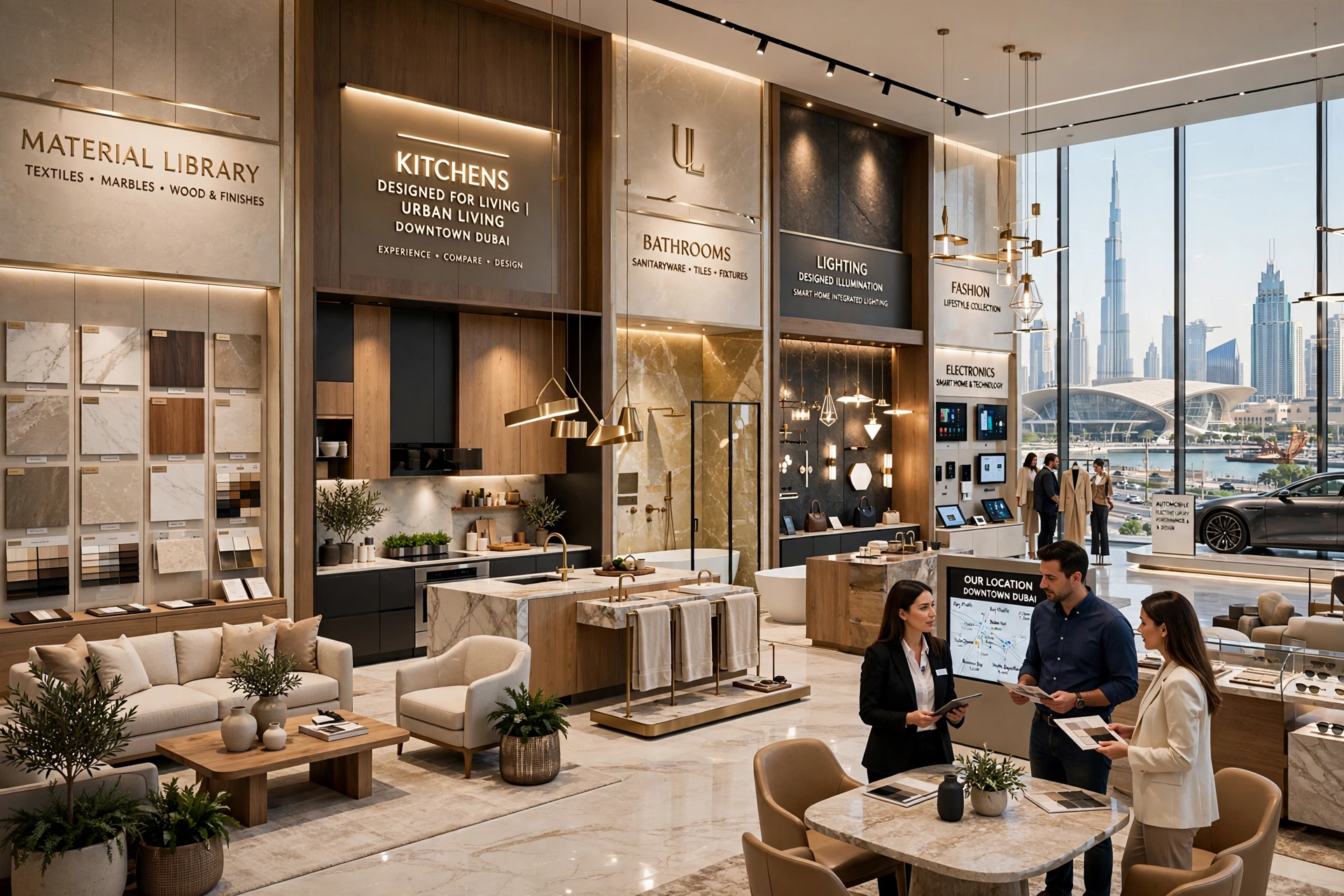 modern showroom interior design in Downtown Dubai with premium product displays