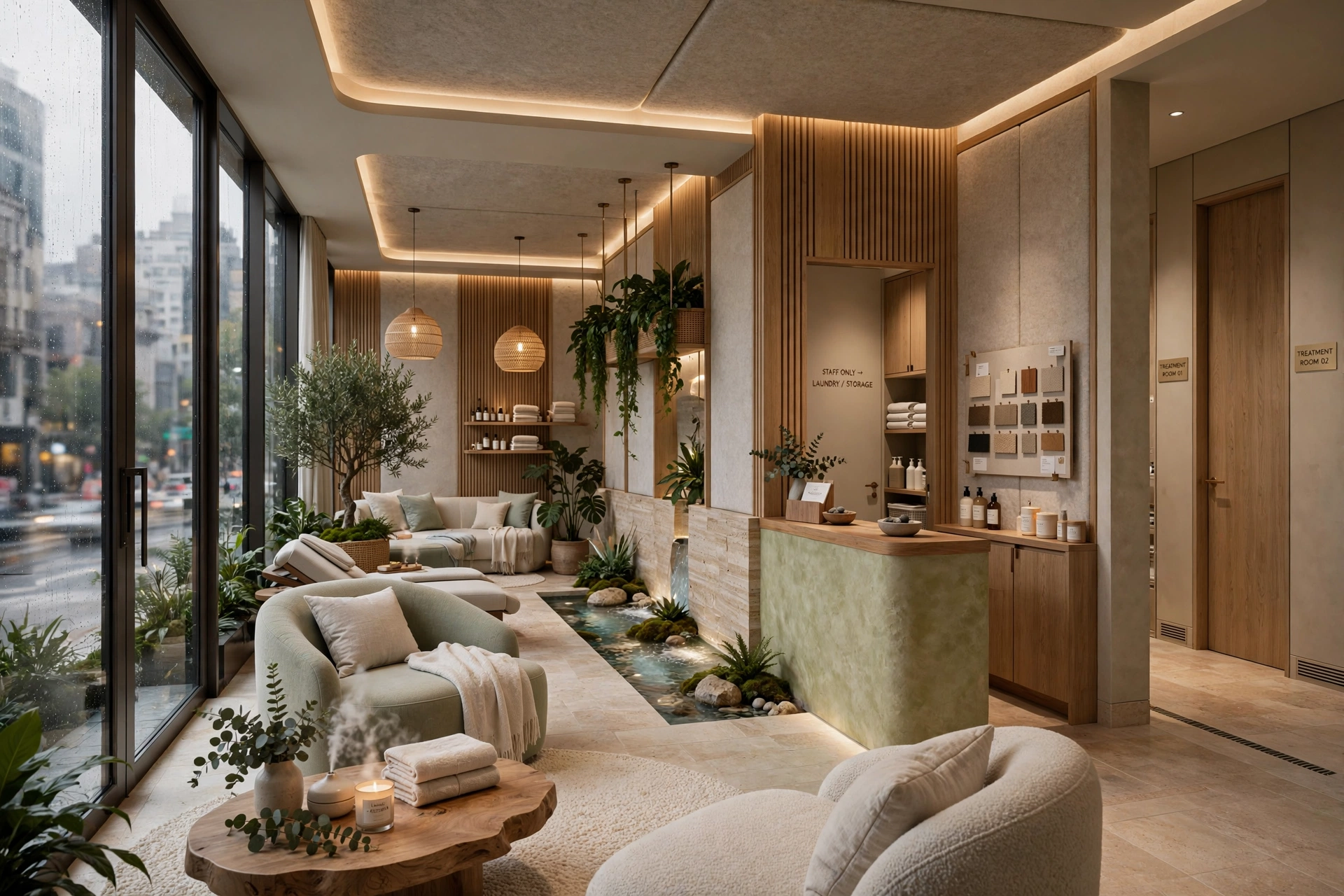 What Is Spa and Wellness Interior Design? Spa and wellness interior design is the planning and development of interior environments dedicated to relaxation, personal care, beauty, recovery, and wellbeing. The design combines architectural planning, interior finishes, lighting, furniture, colour psychology, acoustics, material selection, spatial organization, and building services. A spa may have a completely different atmosphere from a conventional commercial interior. Clients typically enter these spaces seeking relaxation and an escape from the busy urban environment. The interior should therefore provide a transition from the external surroundings into a calmer sensory experience. Natural materials, soft textures, controlled lighting, water features, greenery, acoustic treatments, comfortable furniture, and carefully selected fragrances can contribute to this transition. At the same time, the design must remain practical. Treatment rooms need appropriate furniture and equipment, wet areas require waterproofing and drainage, and staff need efficient routes between treatment rooms, laundry, storage, reception, and service areas.