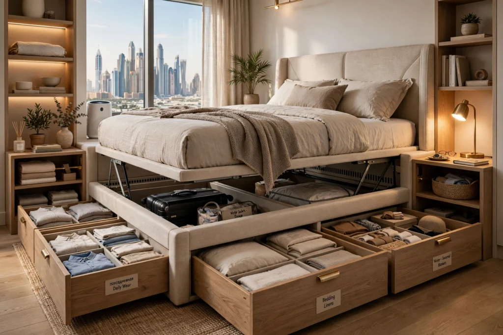 built-in storage furniture for compact apartment