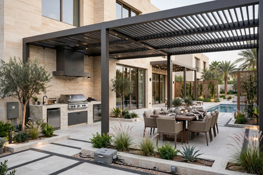 pergola with outdoor sofa and coffee table in villa garden