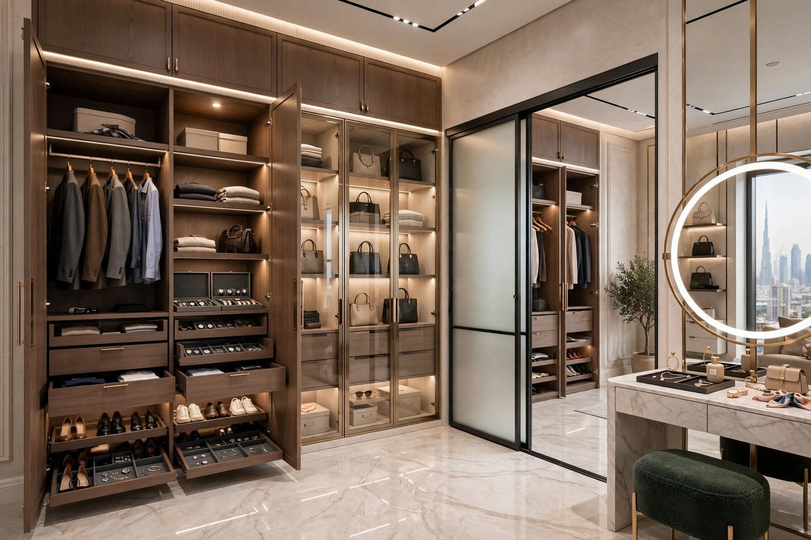 Bedroom Wardrobe Design Storage is one of the most important functional components of bedroom planning. A wardrobe should provide enough space for clothing while maintaining a clean visual appearance. Options include: Full-height wardrobes, sliding doors, hinged wardrobes, walk-in closets, open shelving, glass-fronted cabinets, drawers, shoe storage, and dedicated accessory compartments. In luxury bedrooms, custom wardrobes can be designed around the owner's requirements. Internal organization may include hanging rails at different heights, pull-out drawers, lighting, shoe racks, jewellery storage, and adjustable shelving. Walk-In Wardrobe and Dressing Areas A walk-in wardrobe can transform a master bedroom into a more functional suite. The design should consider: