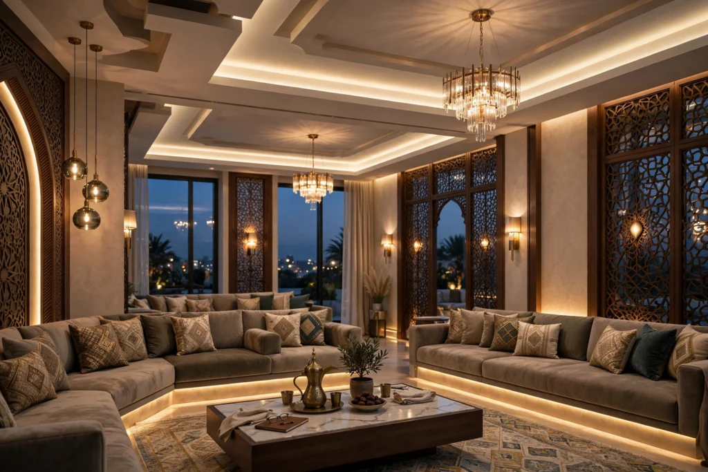 traditional majlis seating with Arabic cushions