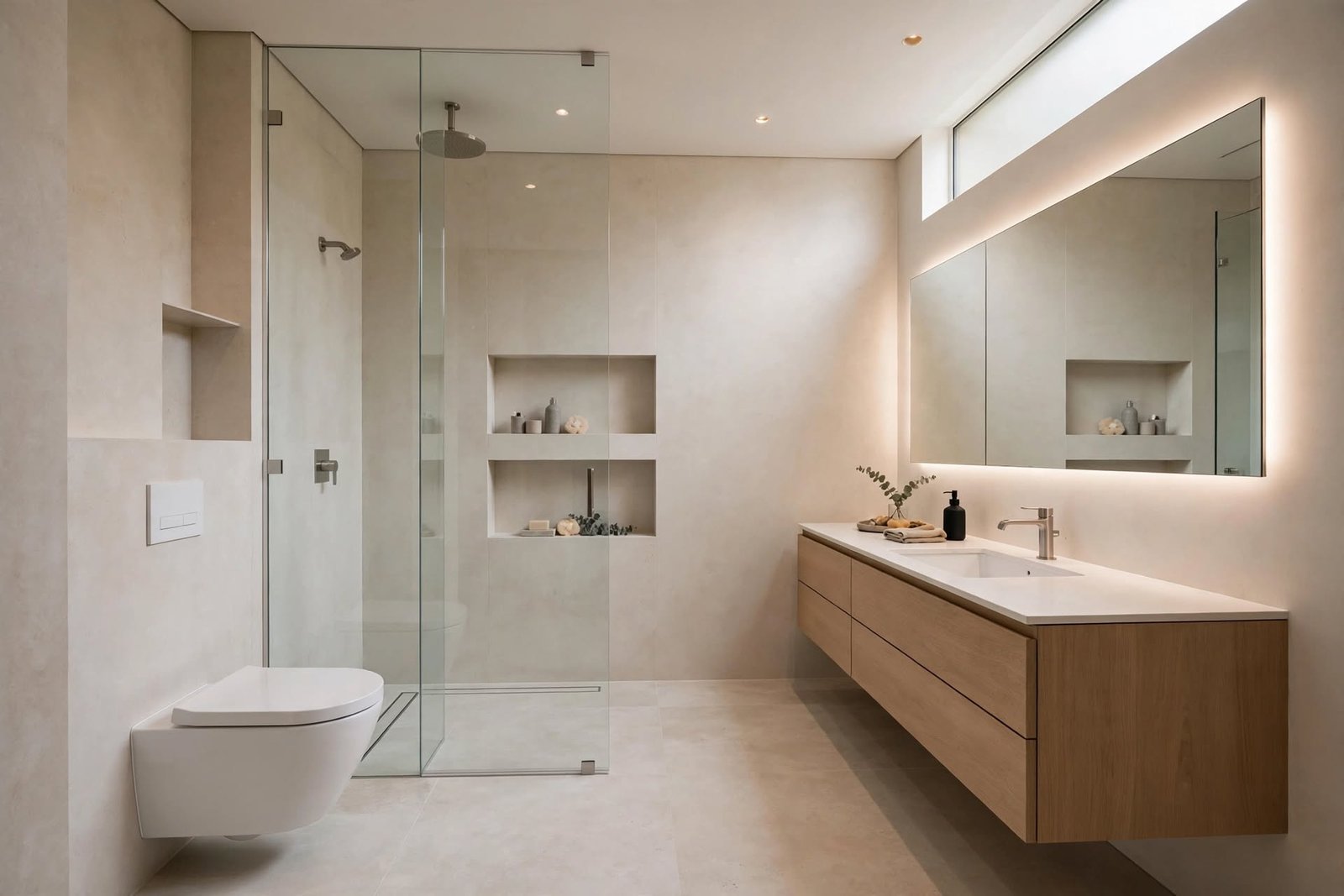 Contemporary bathroom with clean lines, floating vanity, frameless shower and neutral finishes