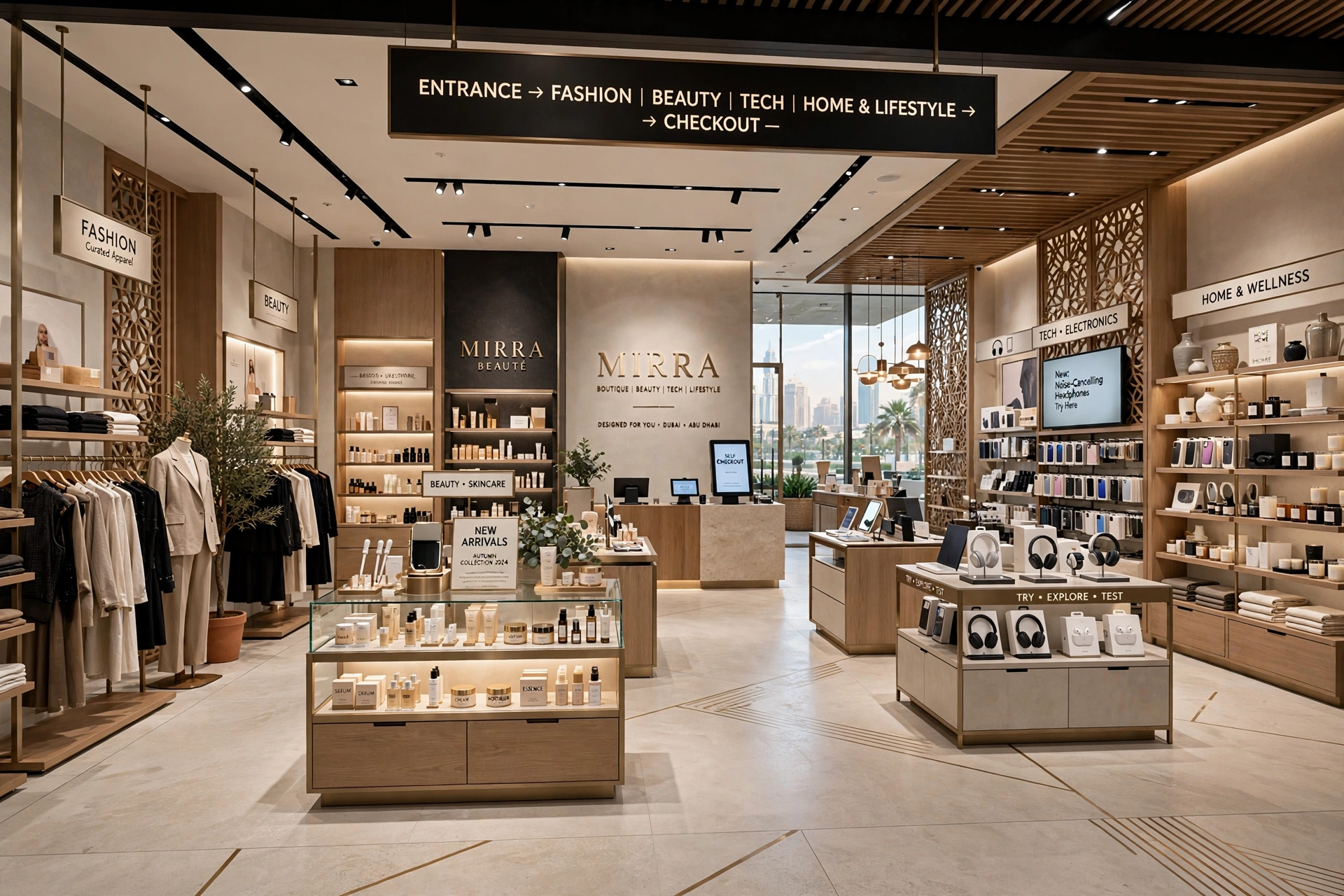 Modern retail interior with strategic product displays, LED lighting, and contemporary finishes