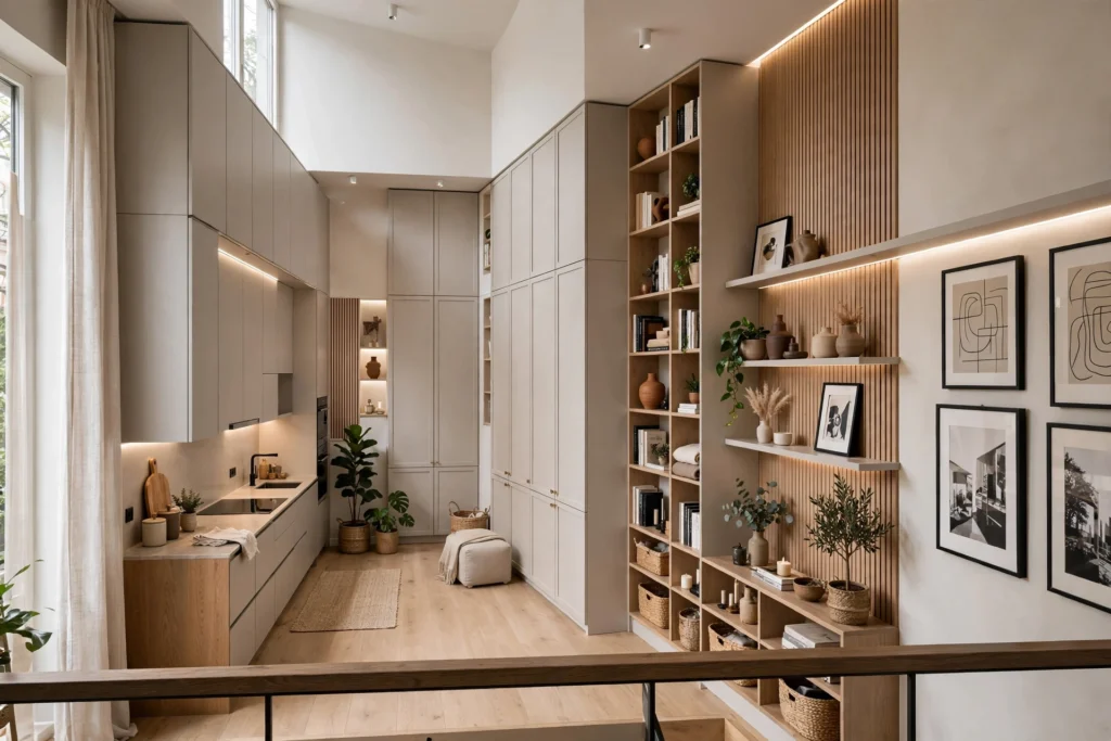 Modern apartment living room with multifunctional furniture
