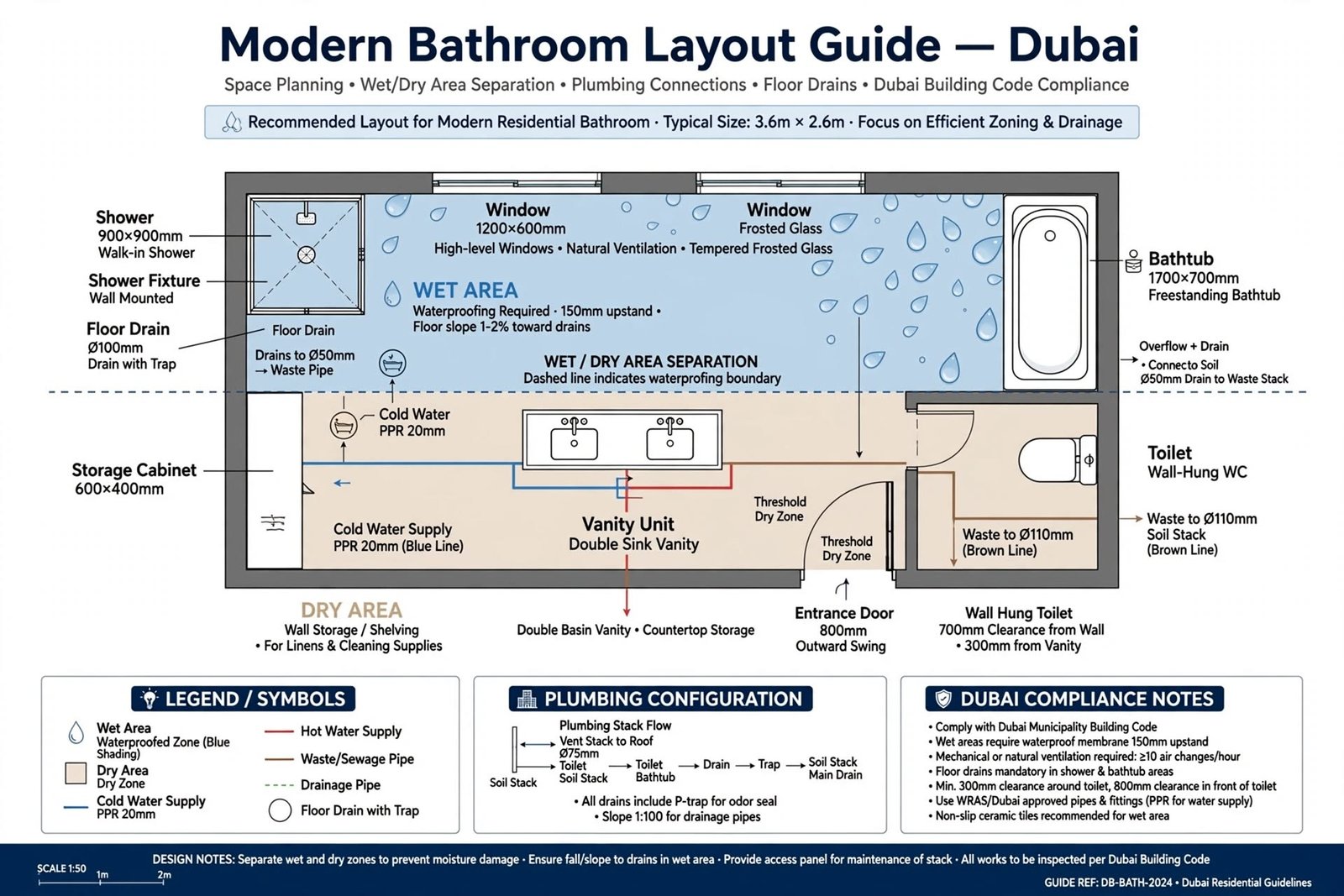 Modern renovated bathroom in Dubai with premium tiles, contemporary fixtures and custom storage