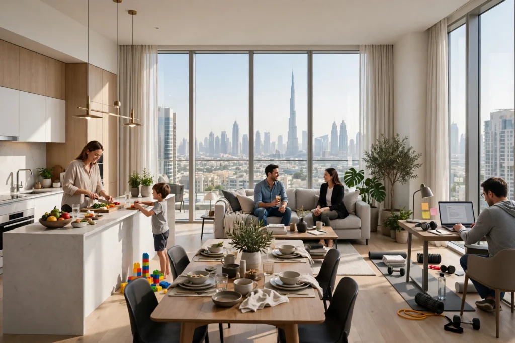 Luxury open plan apartment interior in Dubai with contemporary furniture