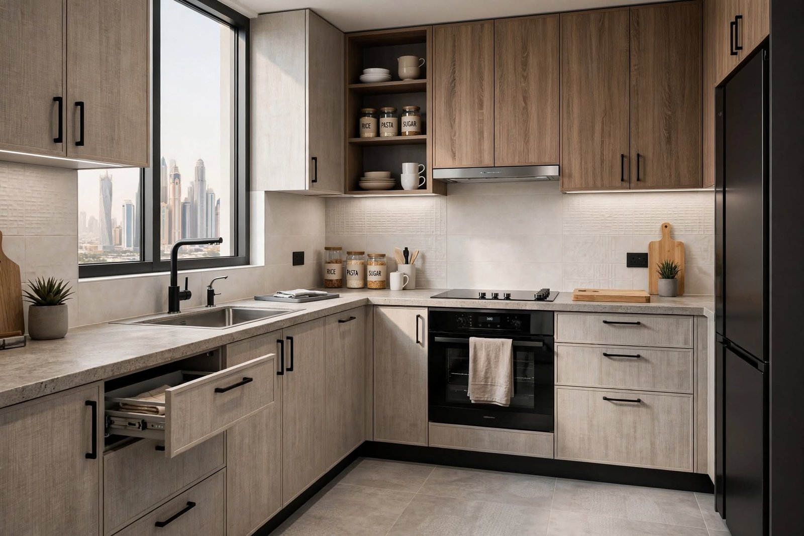 Stylish affordable kitchen with practical cabinetry, durable surfaces and efficient space planning