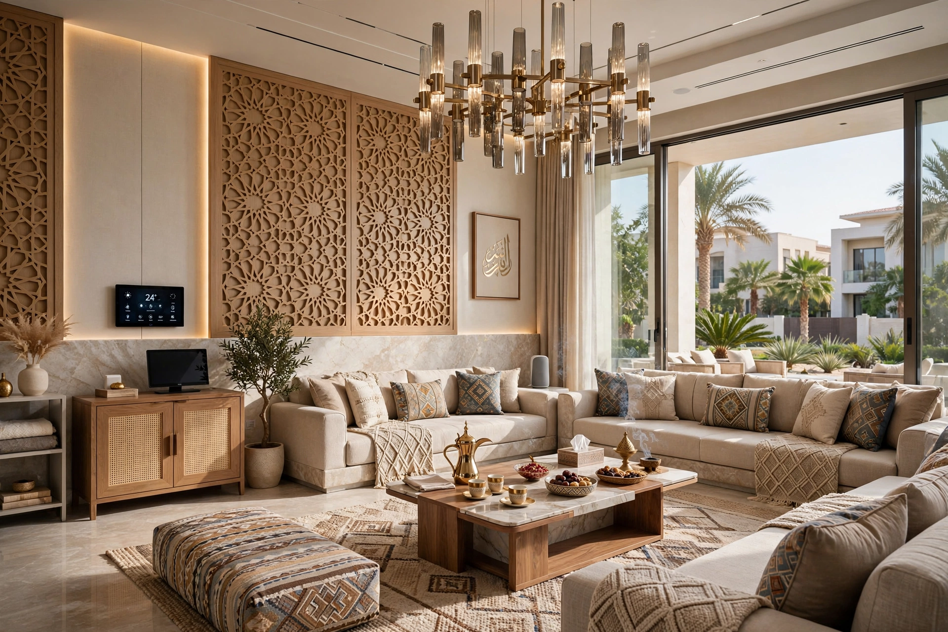 Modern Arabic Majlis interior with elegant seating and traditional design elements