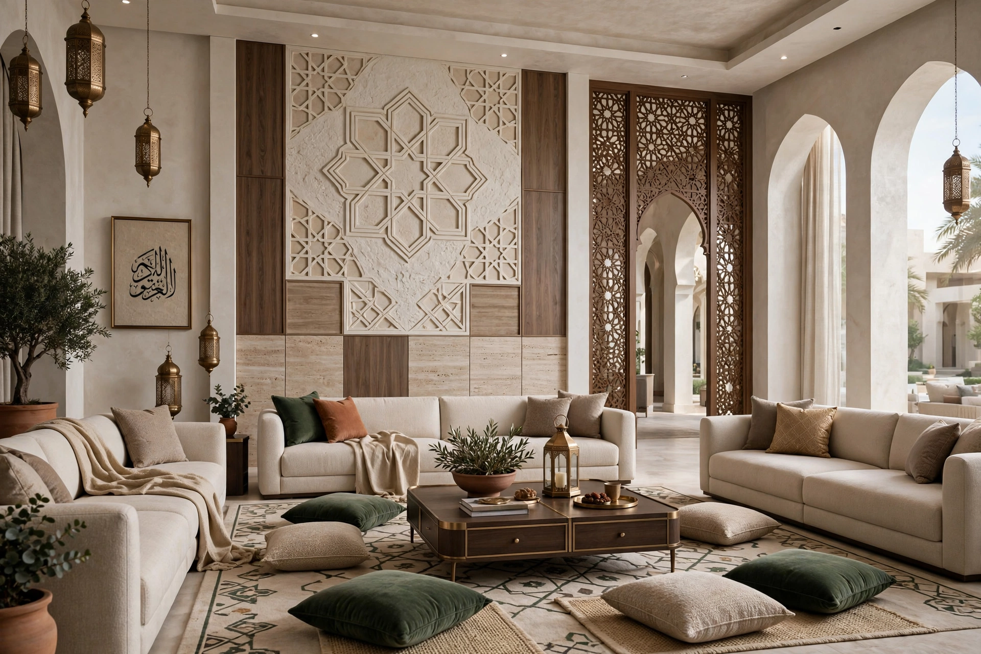 Premium Arabic Majlis interior with marble, custom furniture, and elegant lighting