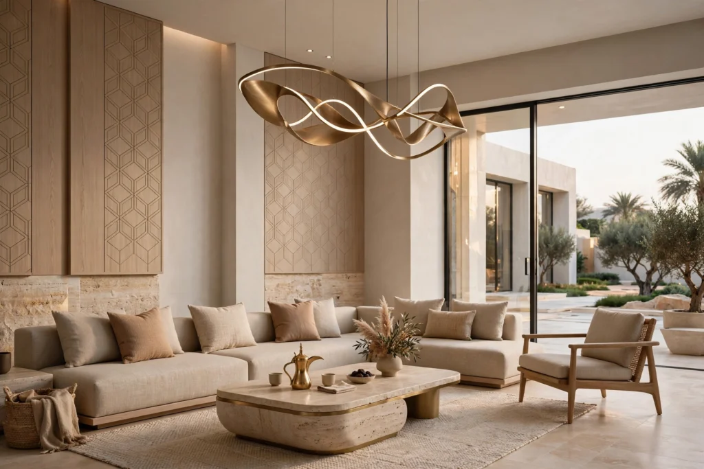 beige and gold majlis interior design in Dubai