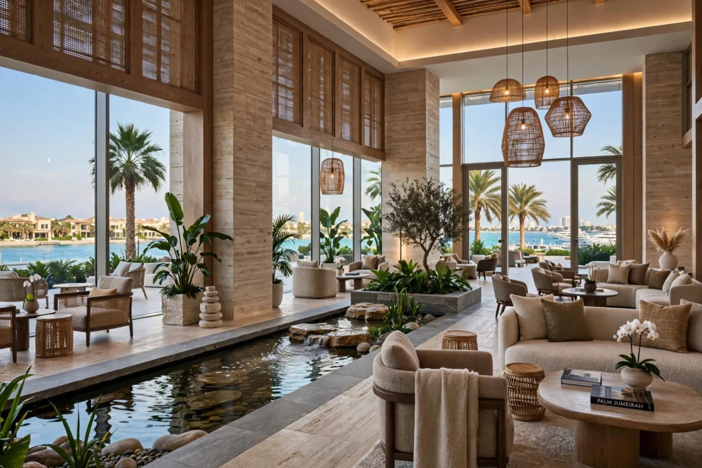 luxury lobby feature wall with architectural lighting