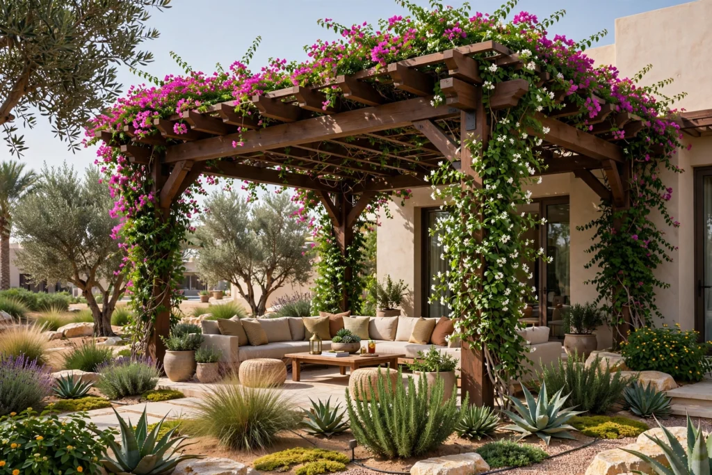 modern louvered pergola with outdoor furniture