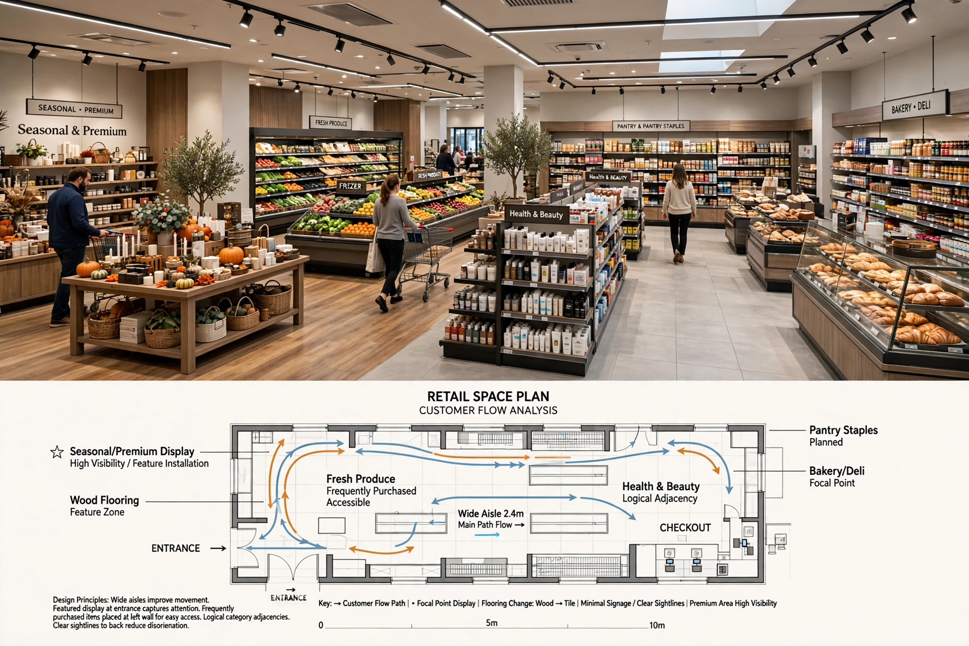 Affordable retail store interior using modern fixtures, efficient lighting, and practical finishes