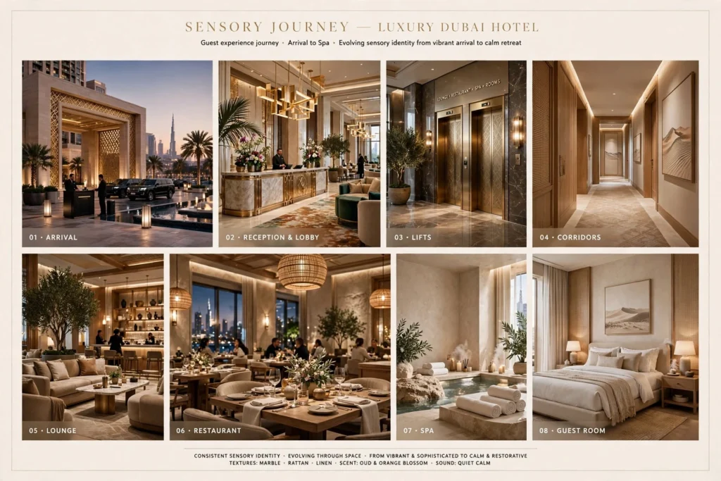 Modern hospitality interior using lighting texture and natural materials