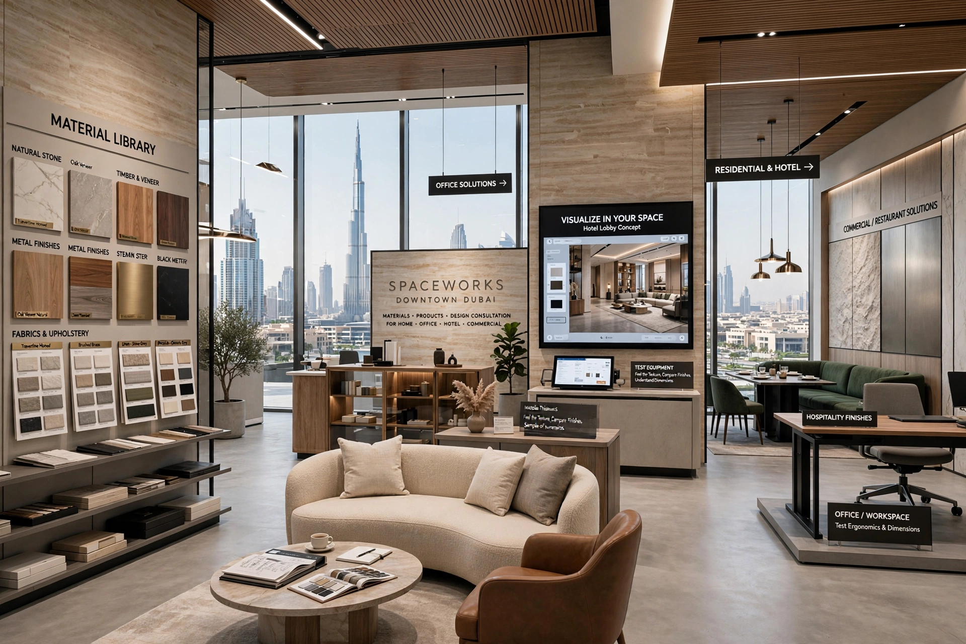 luxury showroom with contemporary furniture and architectural lighting in Dubai