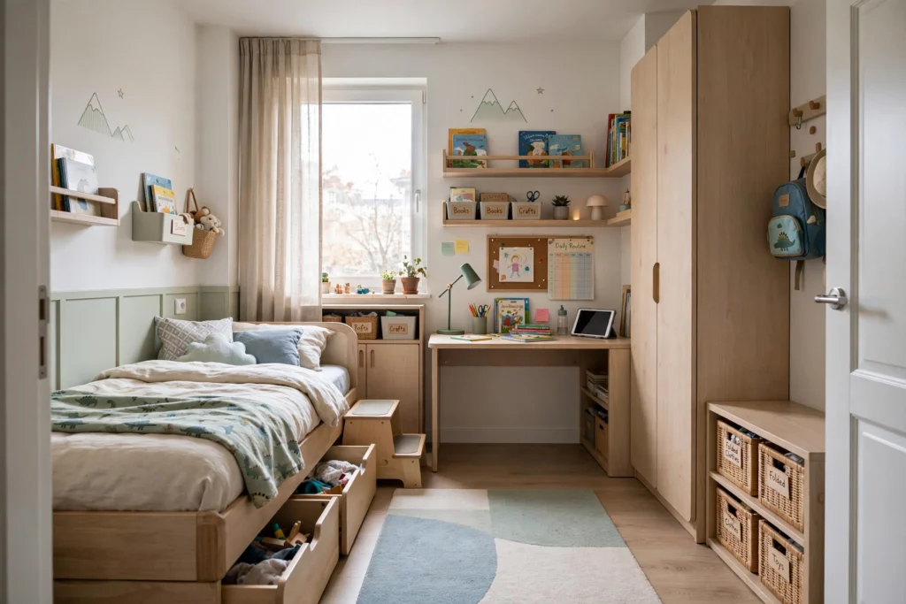 safe toddler bedroom design with storage