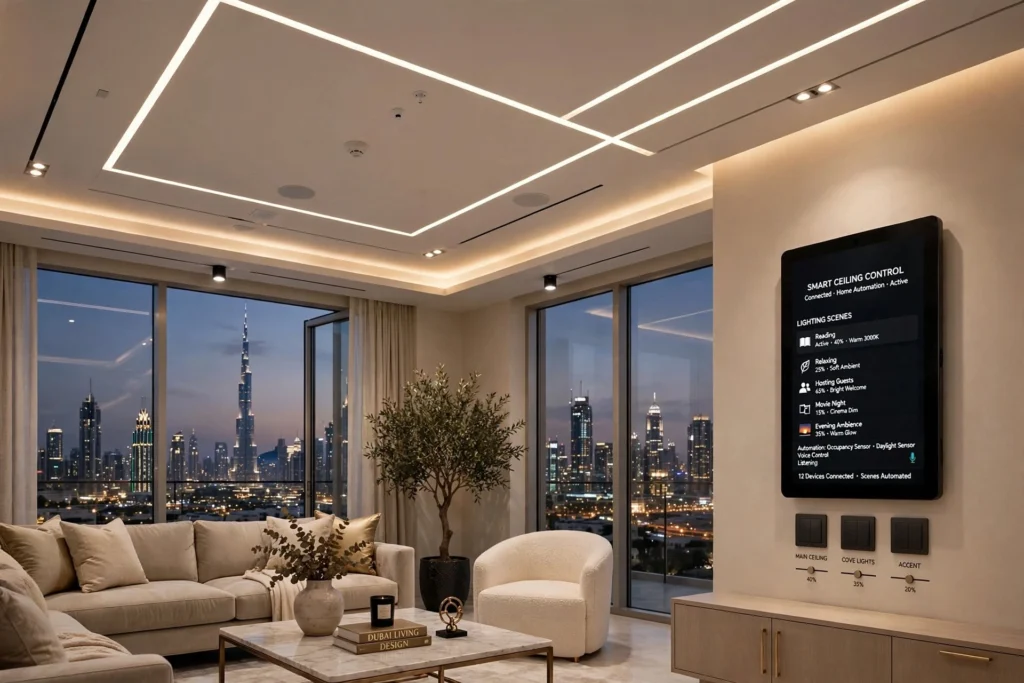 Elegant living room with coffered ceiling and ambient lighting