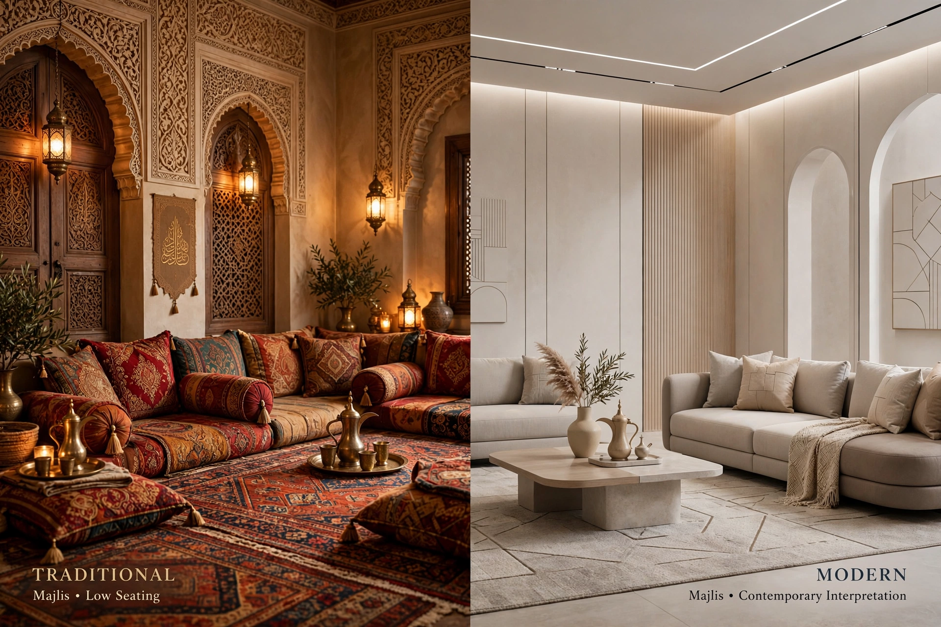 Contemporary Arabic Majlis with neutral colours, modern furniture, and decorative lighting