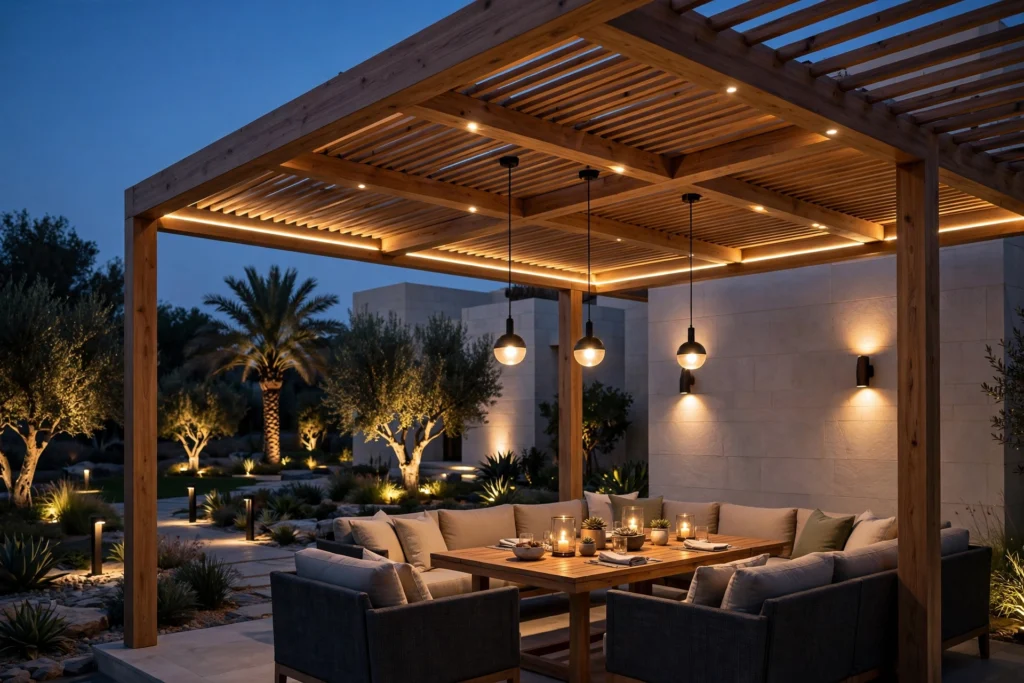 motorized pergola with adjustable louvers for villa