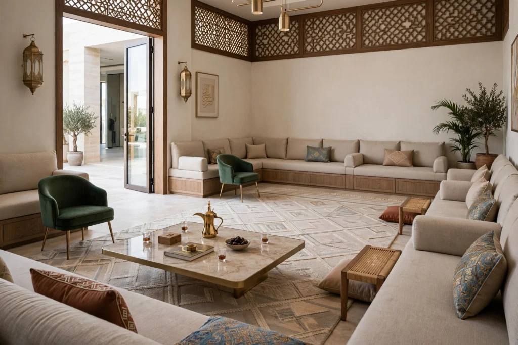 modern Emirati majlis with elegant seating