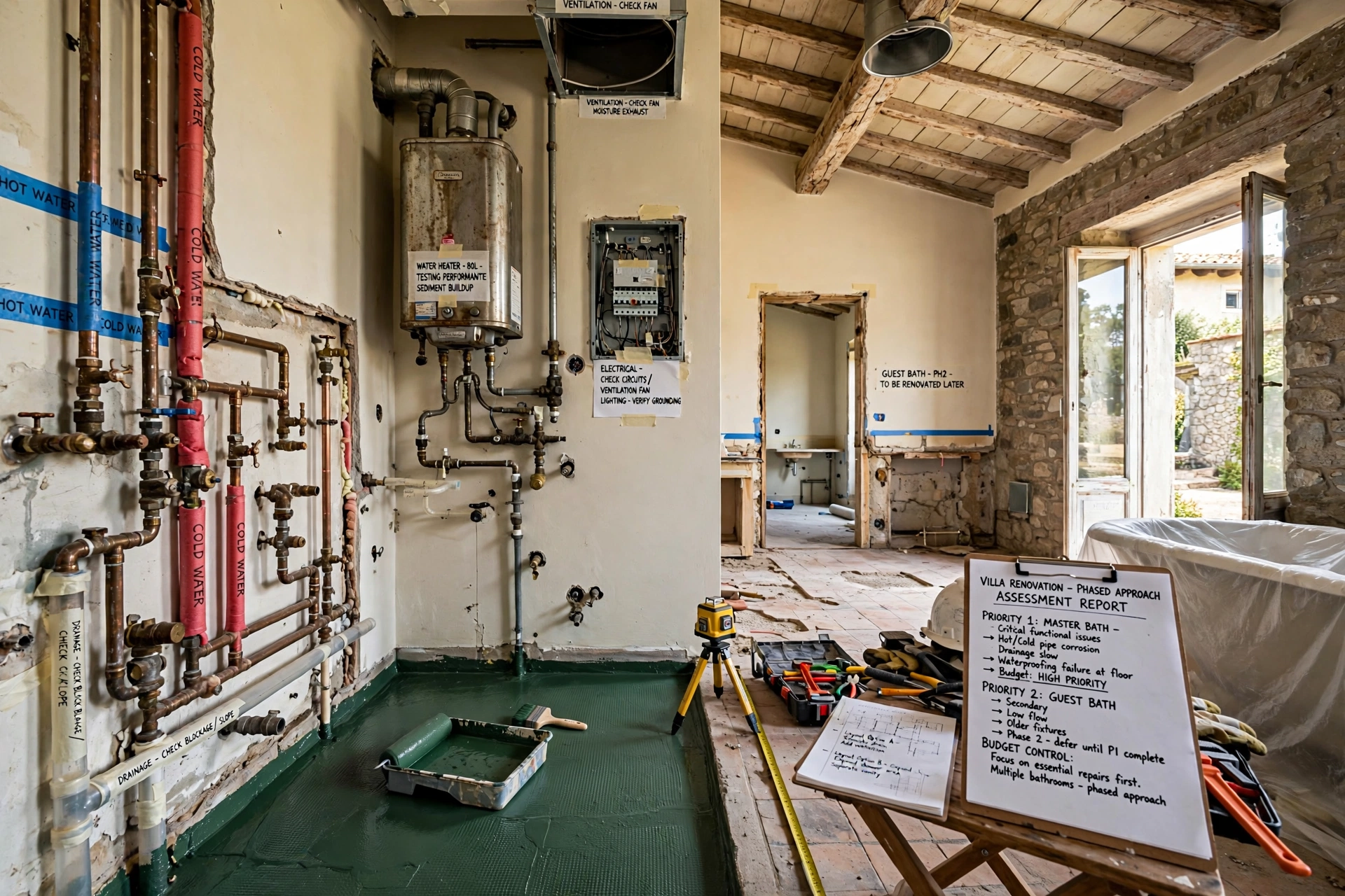 Villa bathrooms often provide more opportunities for layout changes than apartments, but they can also contain larger spaces and more extensive plumbing networks. For older villas, it is worth assessing the condition of hot and cold water pipes, drainage systems, floor waterproofing, water heaters, ventilation, and electrical installations before beginning decorative renovation. Where multiple bathrooms are being renovated, a phased approach may help control the budget. For example, the homeowner can prioritize bathrooms with the greatest functional problems before upgrading guest bathrooms or secondary spaces.