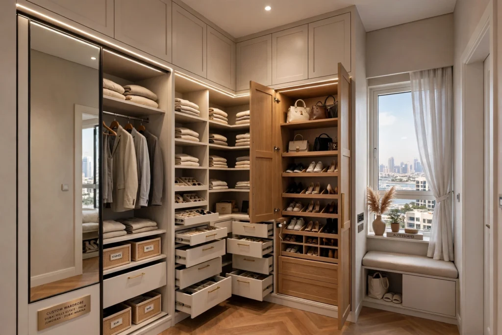 Custom built-in wardrobe designed for a modern Dubai bedroom
