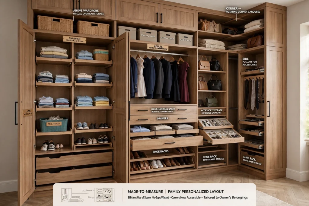 Bespoke wardrobe with shelves, drawers and hanging storage