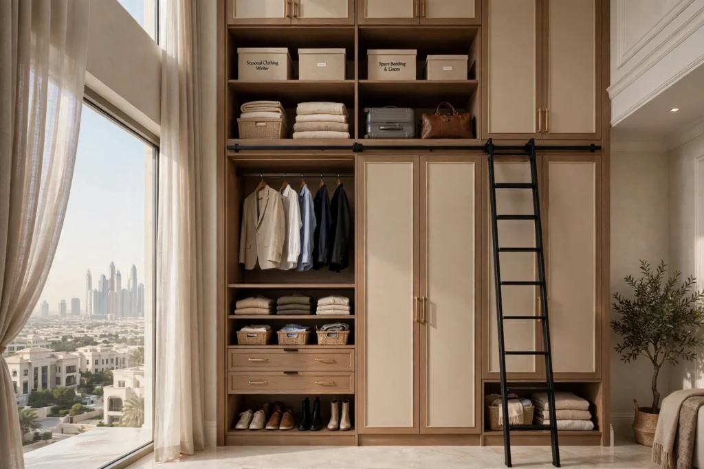 Custom wardrobe fitted along a bedroom wall in a Dubai villa