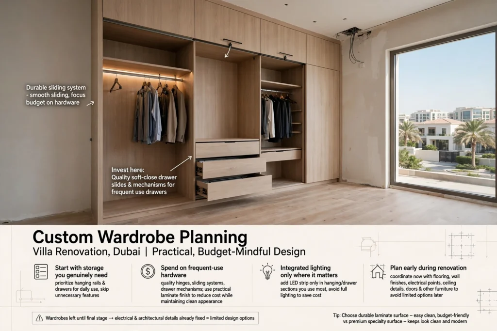 Custom wardrobe interior with organized hanging rails and shelves