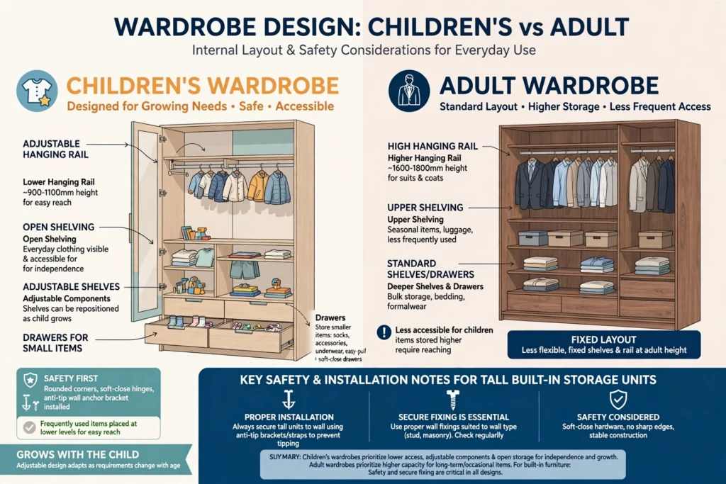 Built-in wardrobe with dedicated drawers and clothing compartments