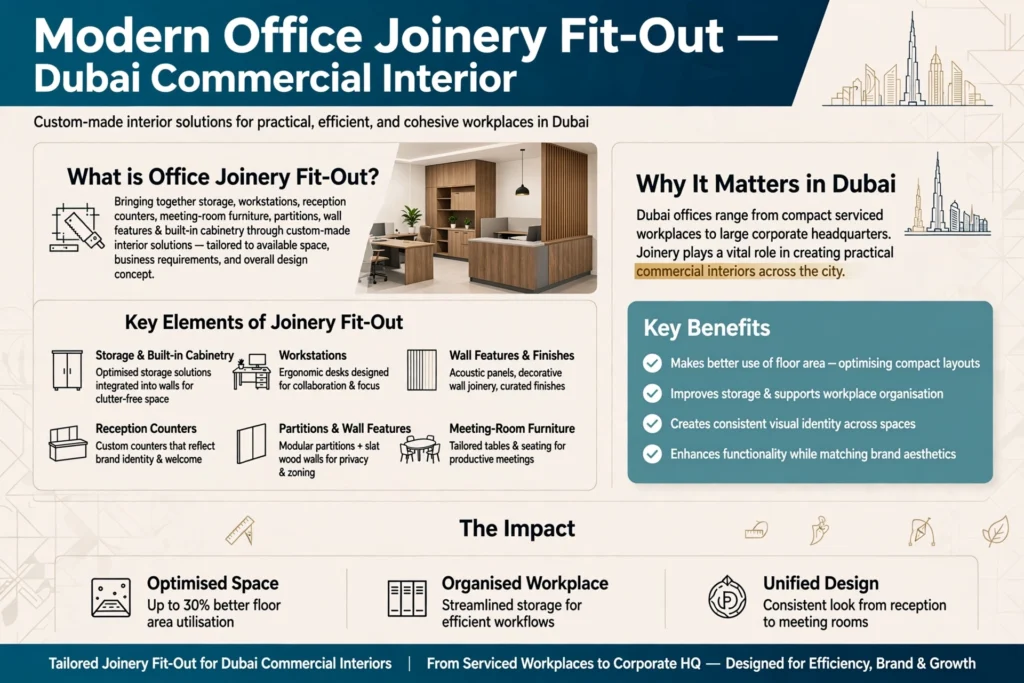 Modern office joinery fit-out with custom built-in furniture