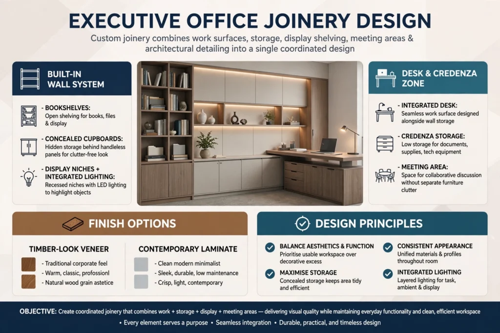 Custom reception desk and built-in office cabinetry