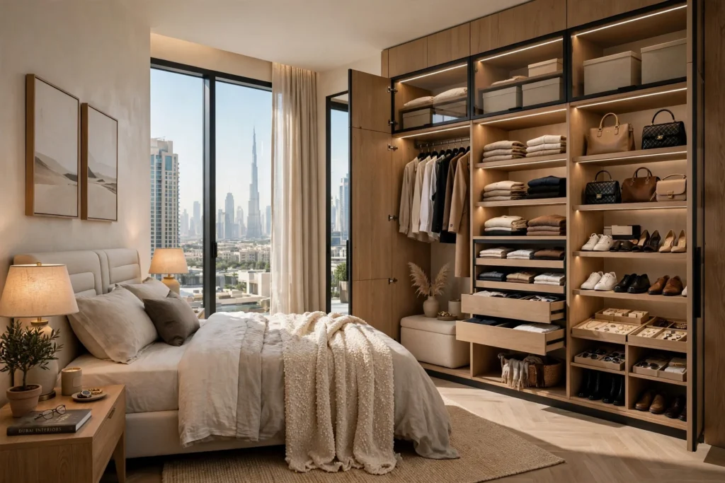 Custom wardrobe design for a modern Dubai bedroom